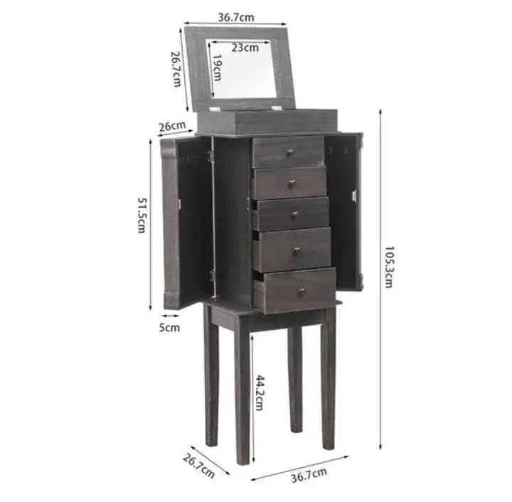Brown Jewelry Cabinet Armoire with 5 Drawers, Storage Chest Stand Large Bottom Drawer Side Swing Doors Organizer Mirror