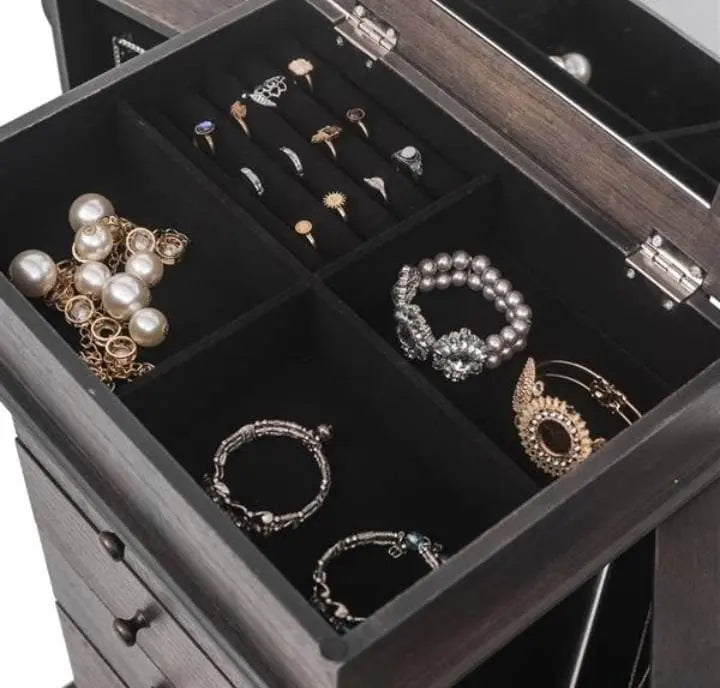 Brown Jewelry Cabinet Armoire with 5 Drawers, Storage Chest Stand Large Bottom Drawer Side Swing Doors Organizer Mirror