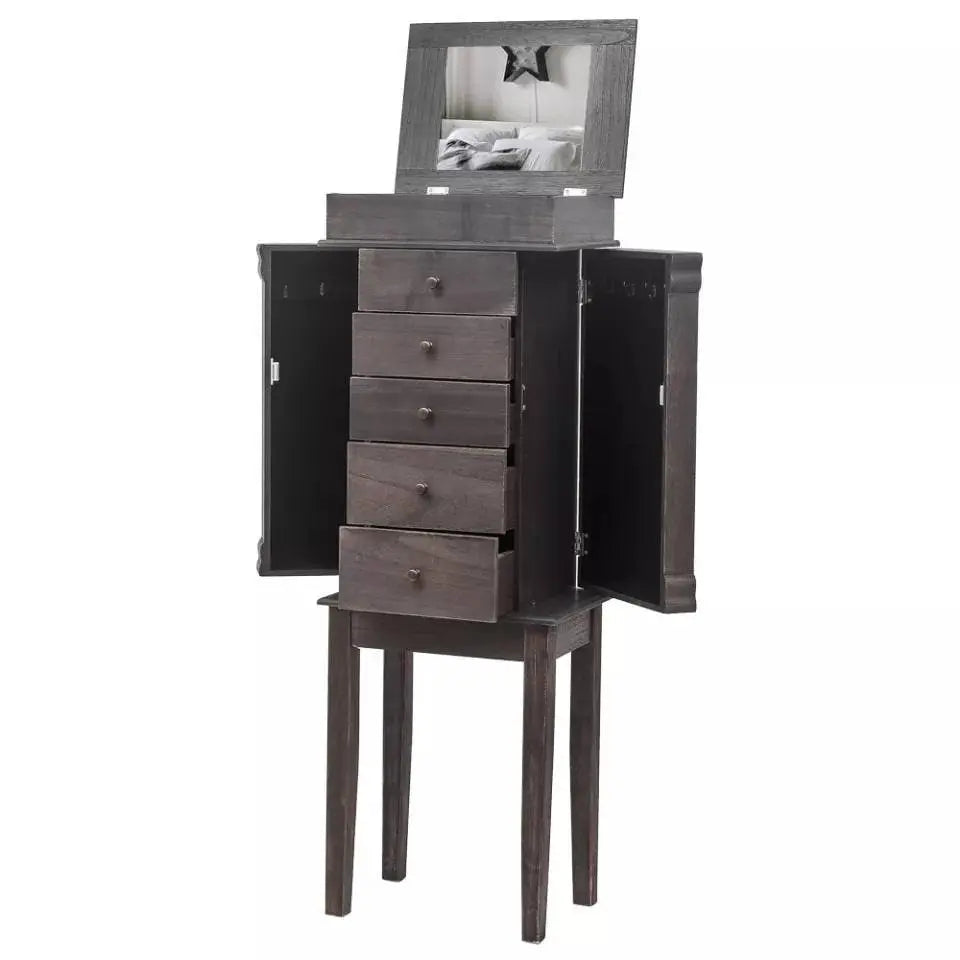 Brown Jewelry Cabinet Armoire with 5 Drawers, Storage Chest Stand Large Bottom Drawer Side Swing Doors Organizer Mirror