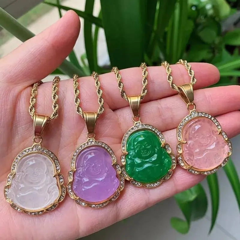 Buddha Pendant Green Jade Buddha Necklace Silver Iced Out Bling Cubic Zirconia Laughing Buddha Pendant Necklace - JettsJewelers
