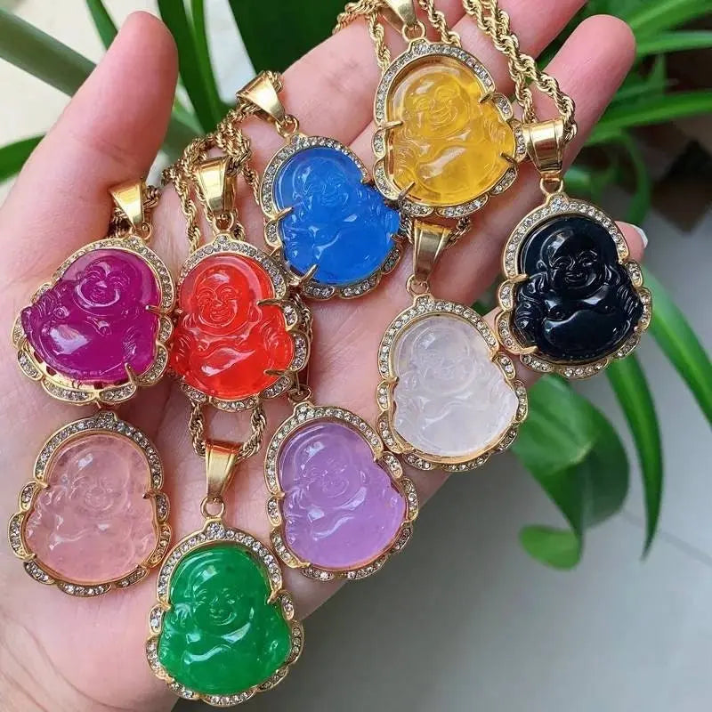 Buddha Pendant Green Jade Buddha Necklace Silver Iced Out Bling Cubic Zirconia Laughing Buddha Pendant Necklace - JettsJewelers