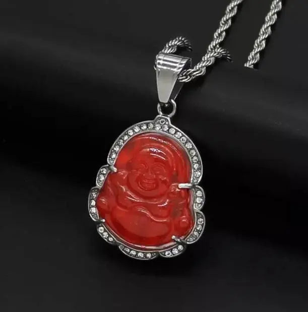 Buddha Pendant Green Jade Buddha Rope Necklace Silver Iced Out Bling Cubic Zirconia Laughing Buddha Pendant Necklace