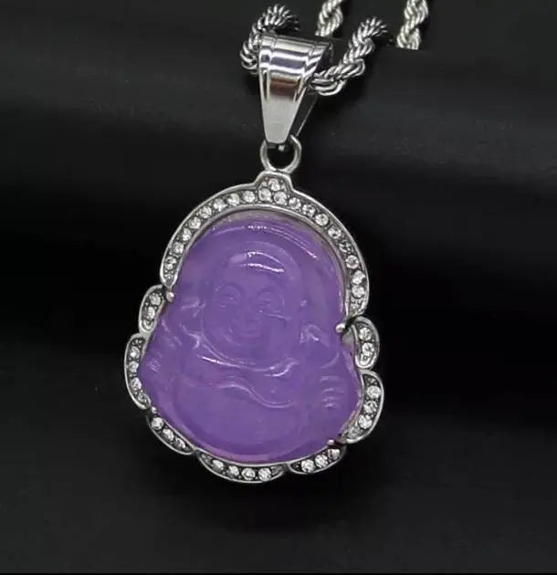 Buddha Pendant Green Jade Buddha Rope Necklace Silver Iced Out Bling Cubic Zirconia Laughing Buddha Pendant Necklace