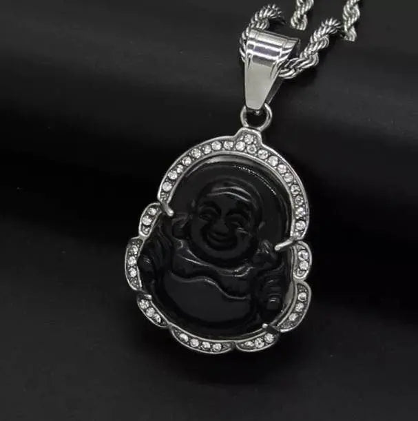 Buddha Pendant Green Jade Buddha Rope Necklace Silver Iced Out Bling Cubic Zirconia Laughing Buddha Pendant Necklace