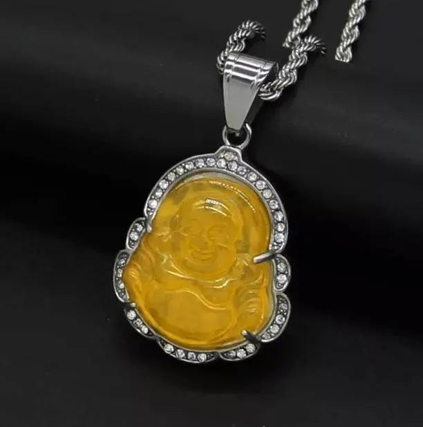 Buddha Pendant Green Jade Buddha Rope Necklace Silver Iced Out Bling Cubic Zirconia Laughing Buddha Pendant Necklace