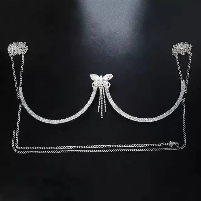Butterfly Rhinestone Bra Body Chain Sexy Bikini Silver Beauty Crystal Chest Bracket Bras Chain Nightclub and Partying Body Jewelry for Women - JettsJewelers