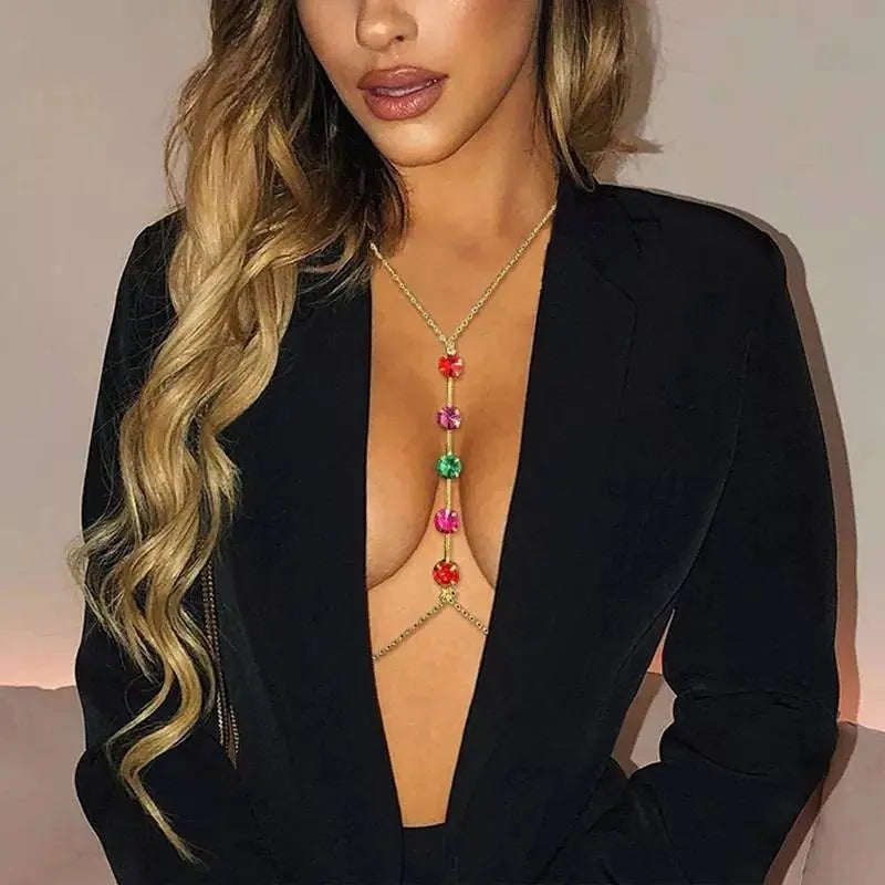 Colored Gems Chain Rhinestones Bra Body Sexy Bikini Silver Gold Beauty Chest Bracket Bras Nightclub and Partying Body Jewelry for Women JettsJewelers