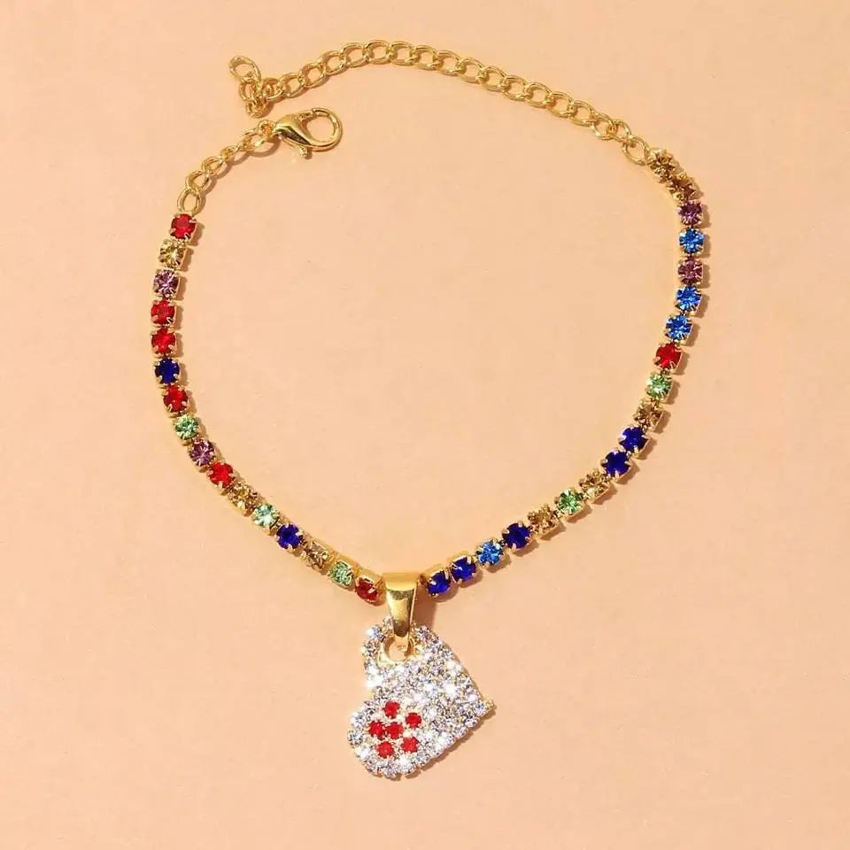 Colorful Heart Rhinestones Anklet Foot Jewelry for Women Beach Barefoot Chain Bracelet On the Leg Accessories Gift - JettsJewelers