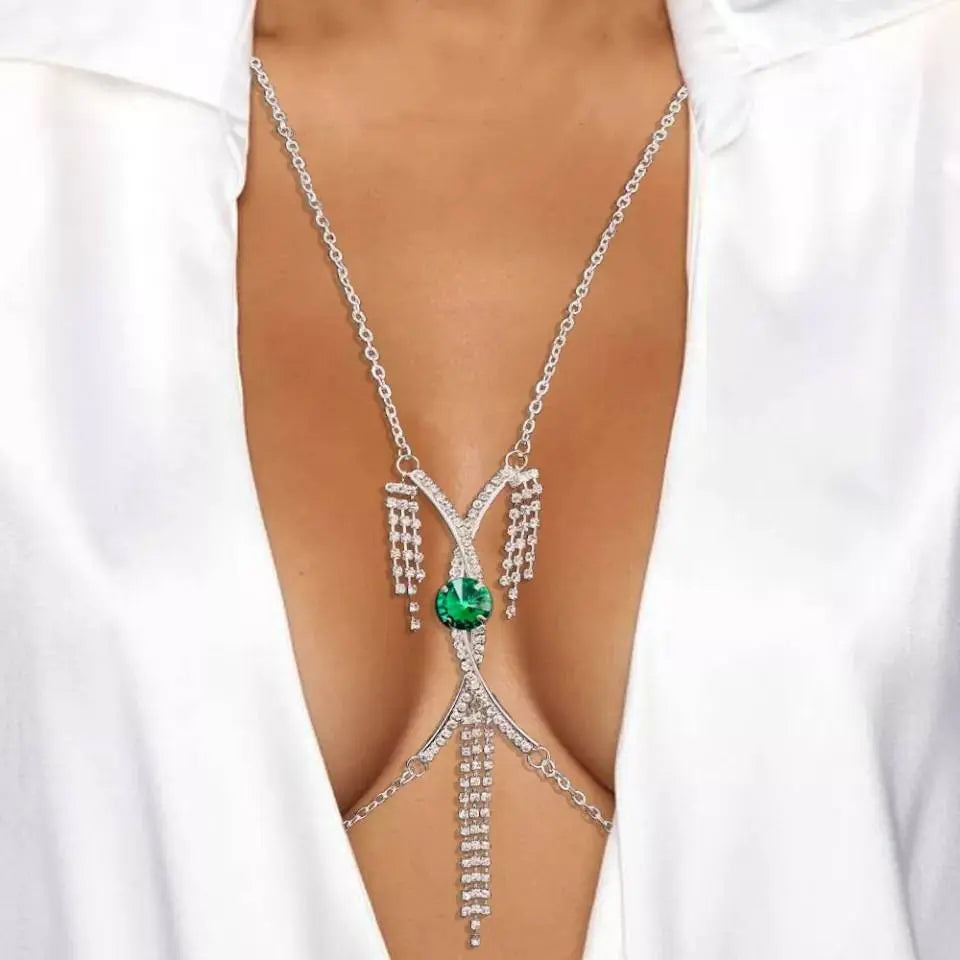 Cris Cross Green Gem Rhinestone Bra Body Chain Sexy Bikini Gold  Beauty Crystal Chest Bracket Bras Chain Nightclub Body Jewelry for Women JettsJewelers