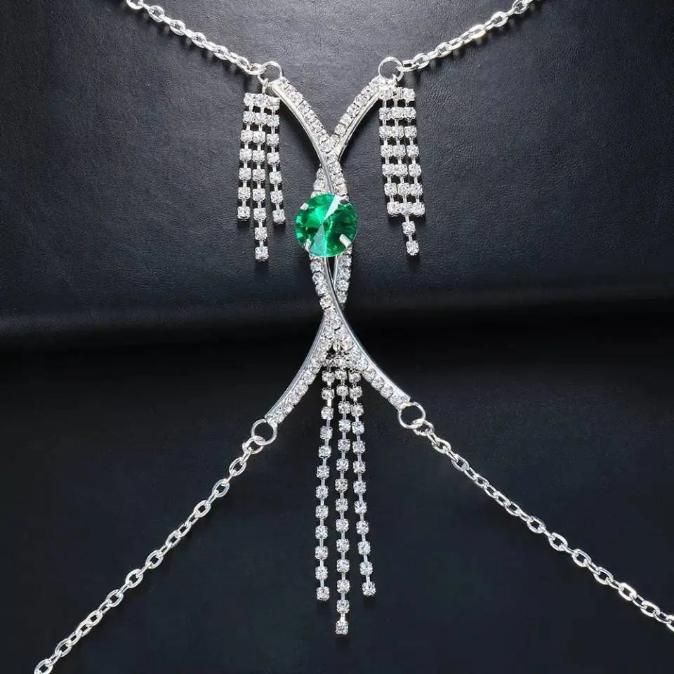Cris Cross Green Gem Rhinestone Bra Body Chain Sexy Bikini Gold  Beauty Crystal Chest Bracket Bras Chain Nightclub Body Jewelry for Women JettsJewelers