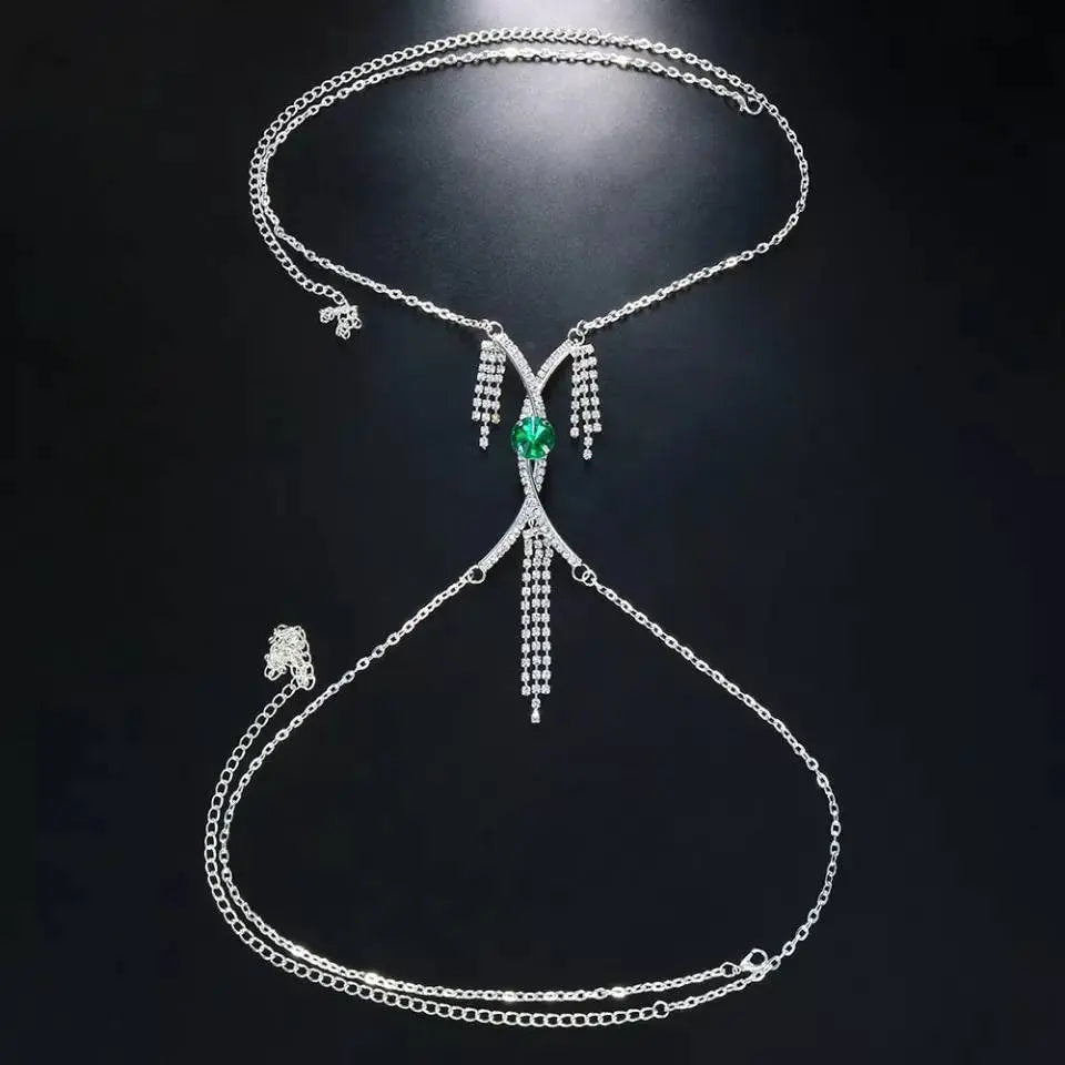 Cris Cross Green Gem Rhinestone Bra Body Chain Sexy Bikini Gold  Beauty Crystal Chest Bracket Bras Chain Nightclub Body Jewelry for Women JettsJewelers