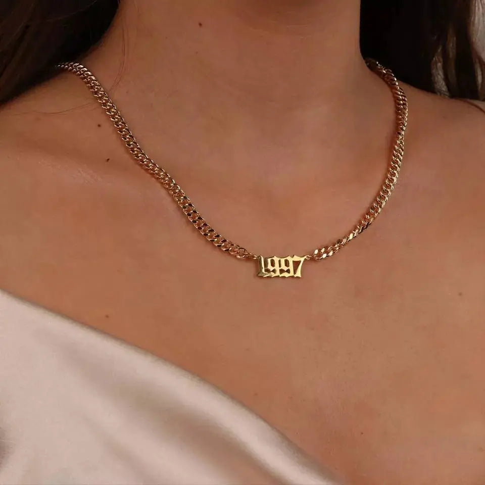 Cuban Link Chain Birth Year Necklace 1999 1998 1997 1996 2000 2001 Gold Stainless Steel JettsJewelers