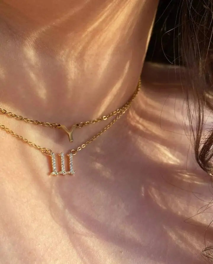 Cubic Zirconia Angel Number Necklace 111 222 333 444 555 666 777 888 999 Necklace Plated Old English Gold Number Stainless Steel Numerology JettsJewelers