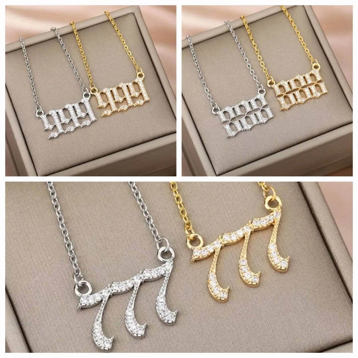 Cubic Zirconia Angel Number Necklace 111 222 333 444 555 666 777 888 999 Necklace Plated Old English Gold Number Stainless Steel Numerology JettsJewelers