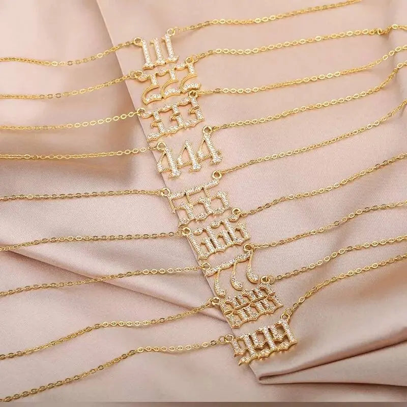 Cubic Zirconia Angel Number Necklace 111 222 333 444 555 666 777 888 999 Necklace Plated Old English Gold Number Stainless Steel Numerology JettsJewelers