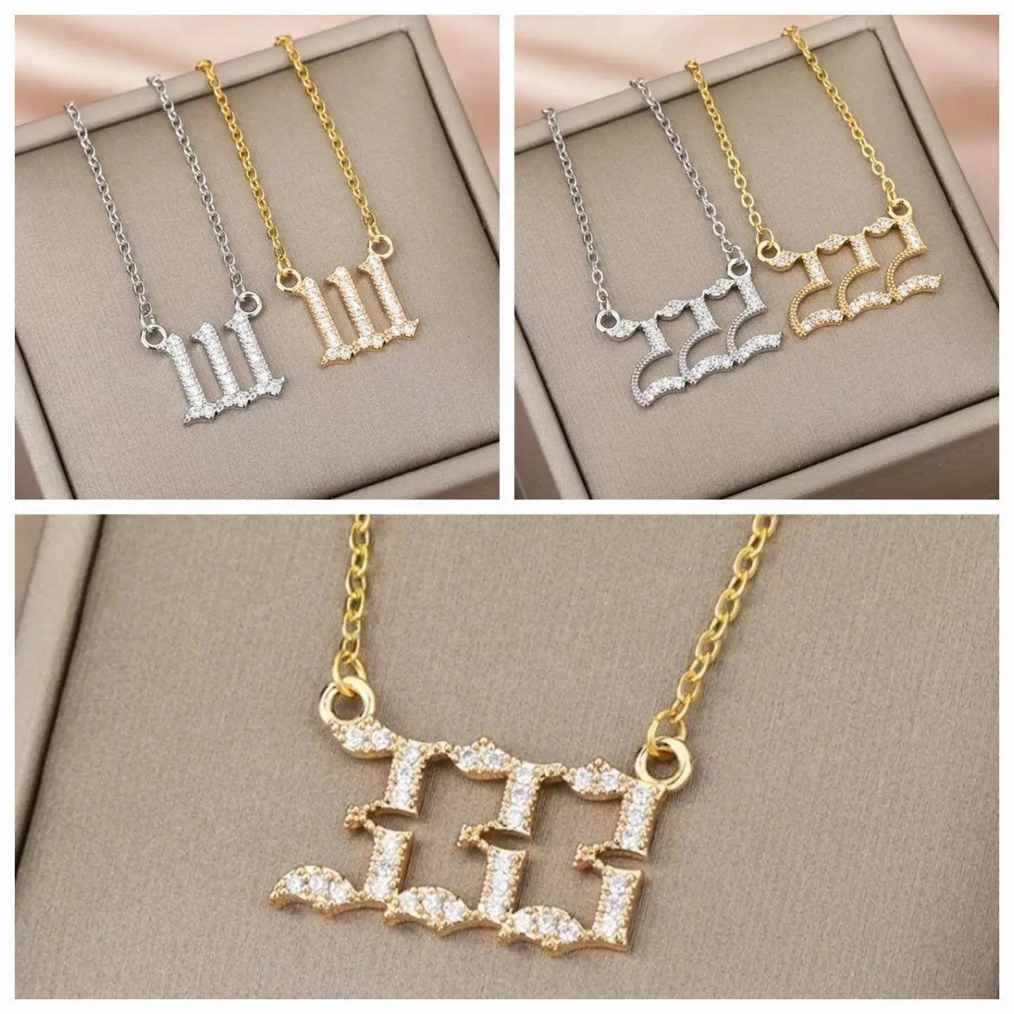 Cubic Zirconia Angel Number Necklace 111 222 333 444 555 666 777 888 999 Necklace Plated Old English Gold Number Stainless Steel Numerology JettsJewelers