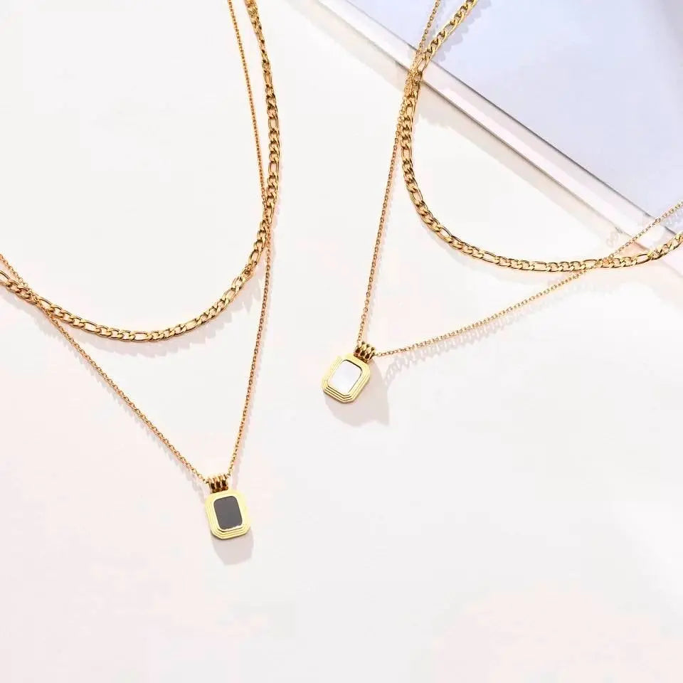 Dainty Layered Necklaces for Women Men, Gold Tone Stainless Steel Figaro Chain Choker, Geometric Square Pendant Collar - JettsJewelers