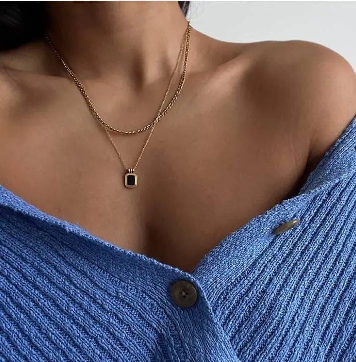 Dainty Layered Necklaces for Women Men, Gold Tone Stainless Steel Figaro Chain Choker, Geometric Square Pendant Collar - JettsJewelers