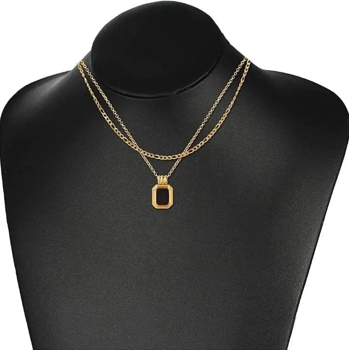 Dainty Layered Necklaces for Women Men, Gold Tone Stainless Steel Figaro Chain Choker, Geometric Square Pendant Collar - JettsJewelers