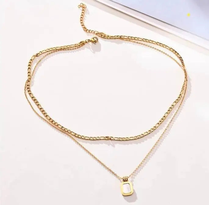 Dainty Layered Necklaces for Women Men, Gold Tone Stainless Steel Figaro Chain Choker, Geometric Square Pendant Collar - JettsJewelers