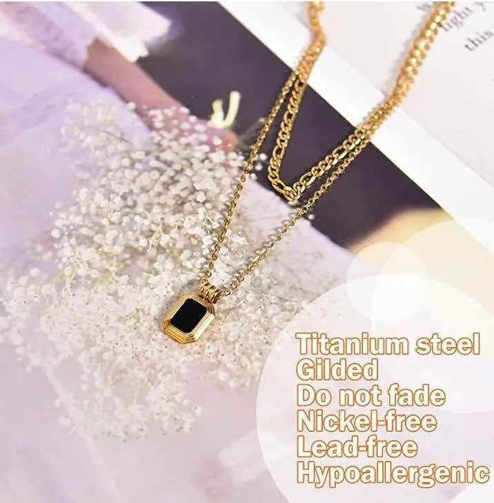 Dainty Layered Necklaces for Women Men, Gold Tone Stainless Steel Figaro Chain Choker, Geometric Square Pendant Collar - JettsJewelers