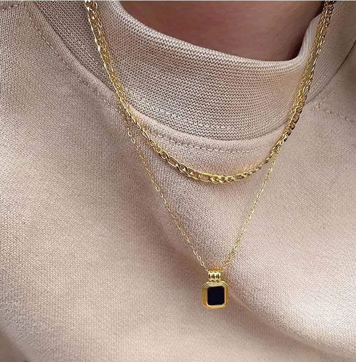 Dainty Layered Necklaces for Women Men, Gold Tone Stainless Steel Figaro Chain Choker, Geometric Square Pendant Collar - JettsJewelers