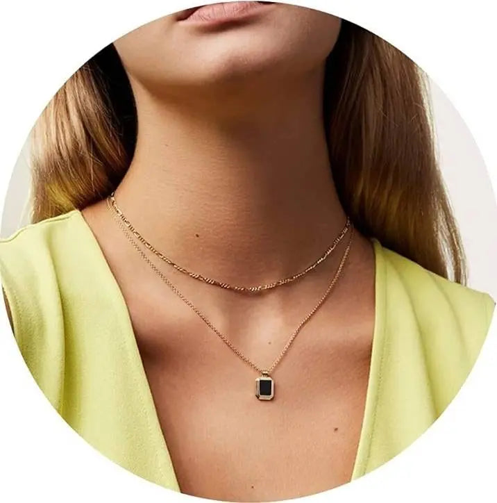 Dainty Layered Necklaces for Women Men, Gold Tone Stainless Steel Figaro Chain Choker, Geometric Square Pendant Collar - JettsJewelers
