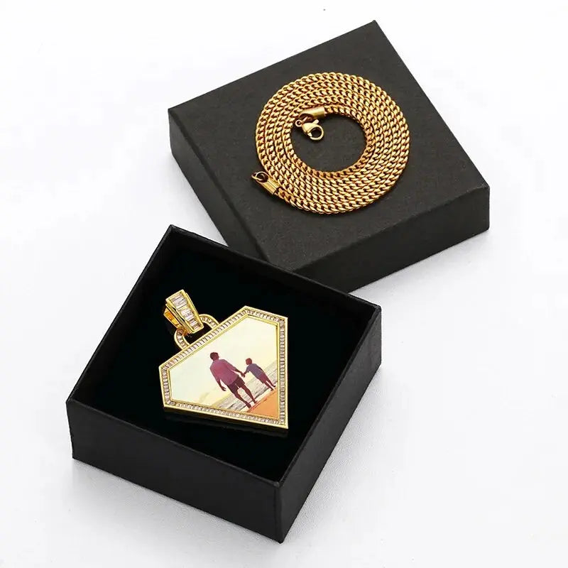 Diamond Photo Necklace with Engraving Personalized for Men Women, 18K Gold/Platinum Plated AAA CZ Medallion Customized Photo Pendant JettsJewelers