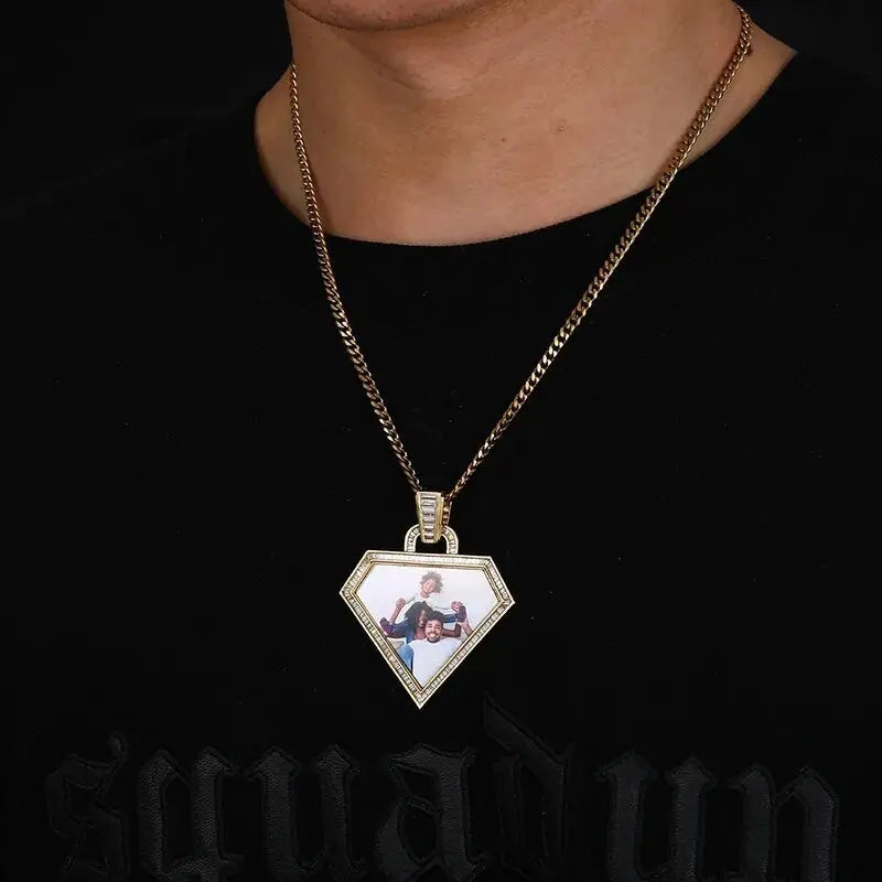Diamond Photo Necklace with Engraving Personalized for Men Women, 18K Gold/Platinum Plated AAA CZ Medallion Customized Photo Pendant JettsJewelers