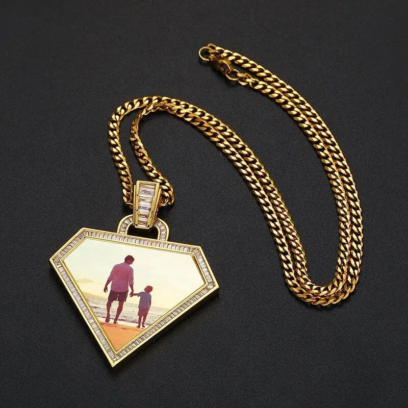 Diamond Photo Necklace with Engraving Personalized for Men Women, 18K Gold/Platinum Plated AAA CZ Medallion Customized Photo Pendant JettsJewelers