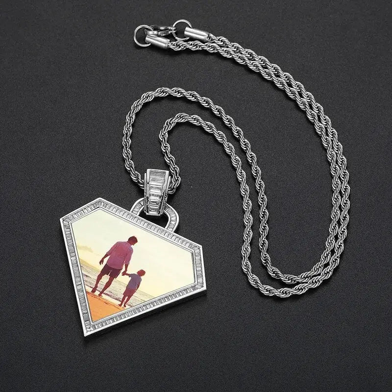 Diamond Photo Necklace with Engraving Personalized for Men Women, 18K Gold/Platinum Plated AAA CZ Medallion Customized Photo Pendant JettsJewelers