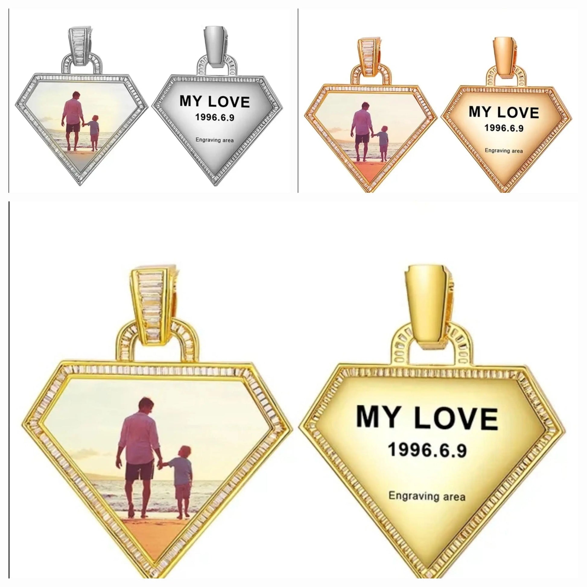 Diamond Photo Necklace with Engraving Personalized for Men Women, 18K Gold/Platinum Plated AAA CZ Medallion Customized Photo Pendant JettsJewelers