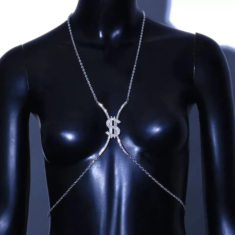 Dollar Sign Rhinestone Bra Body Chain Sexy Bikini Gold Beauty Crystal Chest Bracket Bras Chain Nightclub Body Jewelry for Women JettsJewelers