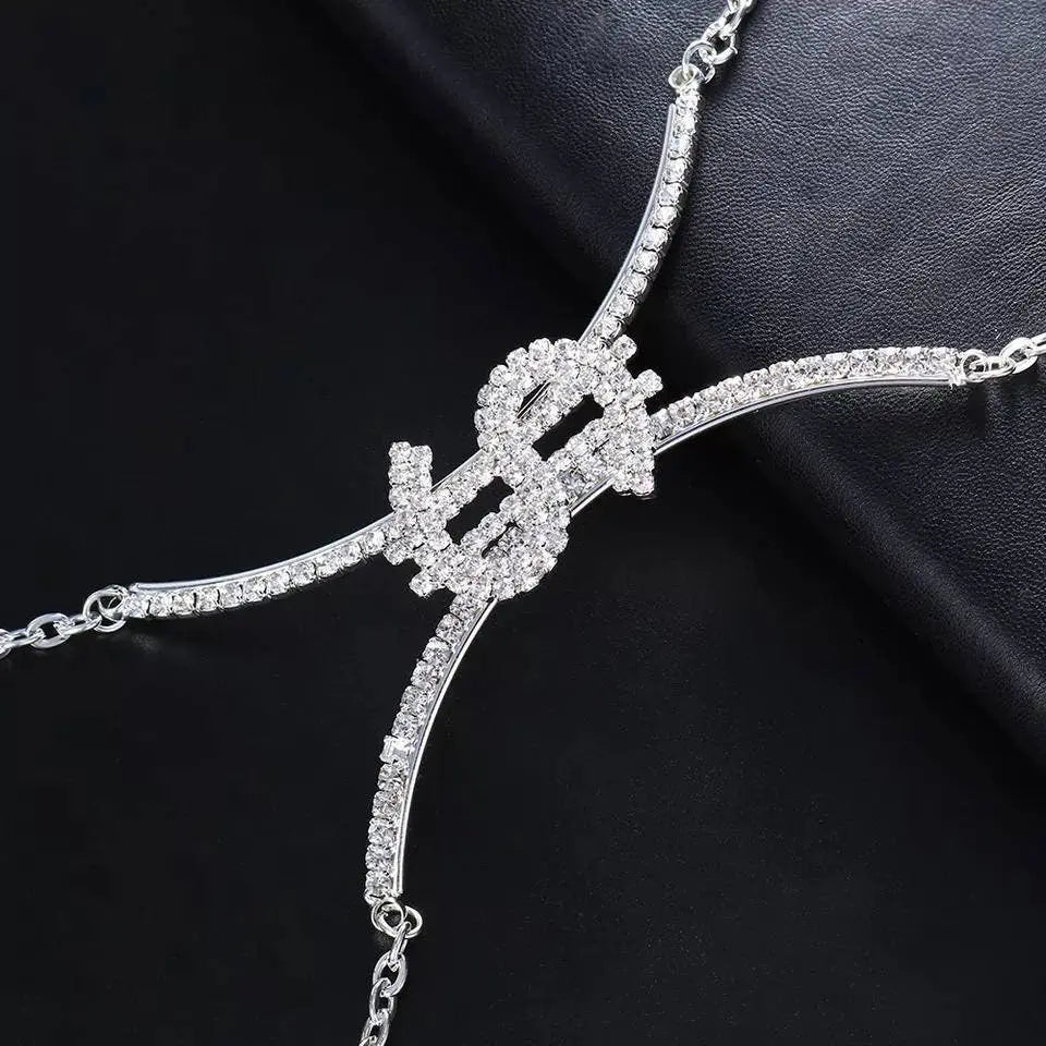 Dollar Sign Rhinestone Bra Body Chain Sexy Bikini Gold  Beauty Crystal Chest Bracket Bras Chain Nightclub Body Jewelry for Women JettsJewelers