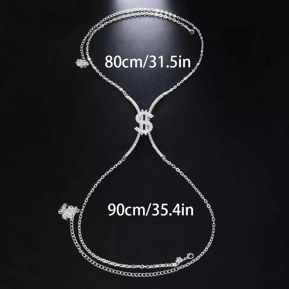 Dollar Sign Rhinestone Bra Body Chain Sexy Bikini Gold  Beauty Crystal Chest Bracket Bras Chain Nightclub Body Jewelry for Women JettsJewelers