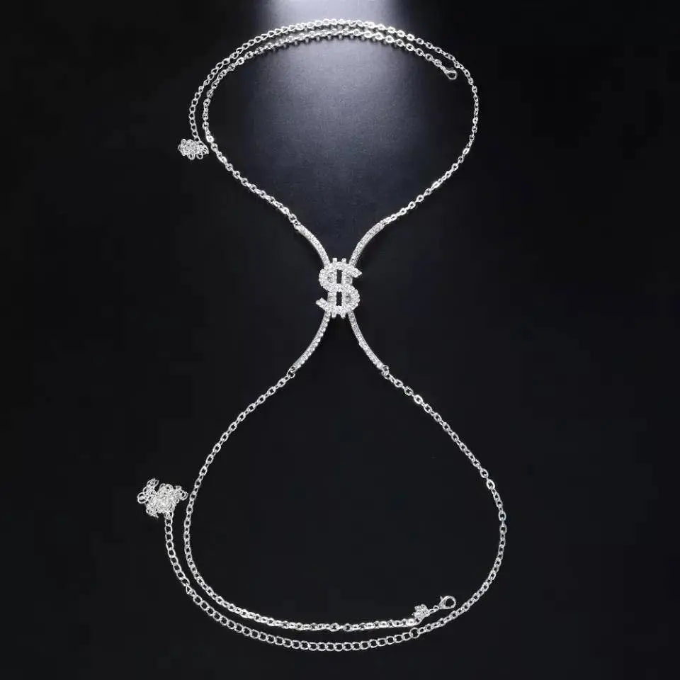 Dollar Sign Rhinestone Bra Body Chain Sexy Bikini Gold  Beauty Crystal Chest Bracket Bras Chain Nightclub Body Jewelry for Women JettsJewelers