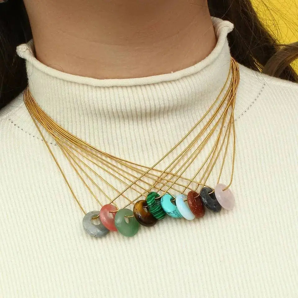 Donut Gemstone Carnelian Aventurine Malachite Turquoise Gold Simple Snake Chain Necklace for Women JettsJewelers