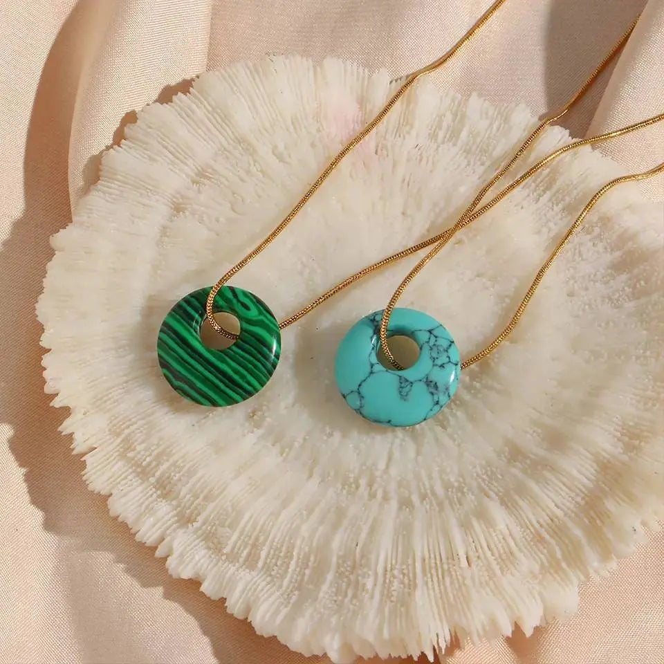 Donut Gemstone Carnelian Aventurine Malachite Turquoise Gold Simple Snake Chain Necklace for Women JettsJewelers
