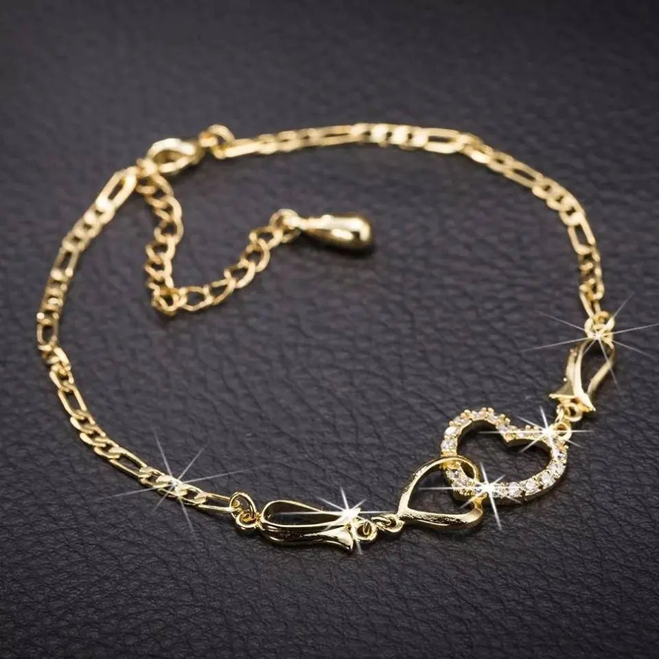 Double Heart Ankle For Women Bracelet Gold Silver Color Crystal Barefoot Beach Accessories Anklet Leg Chain jewelry Gift JettsJewelers