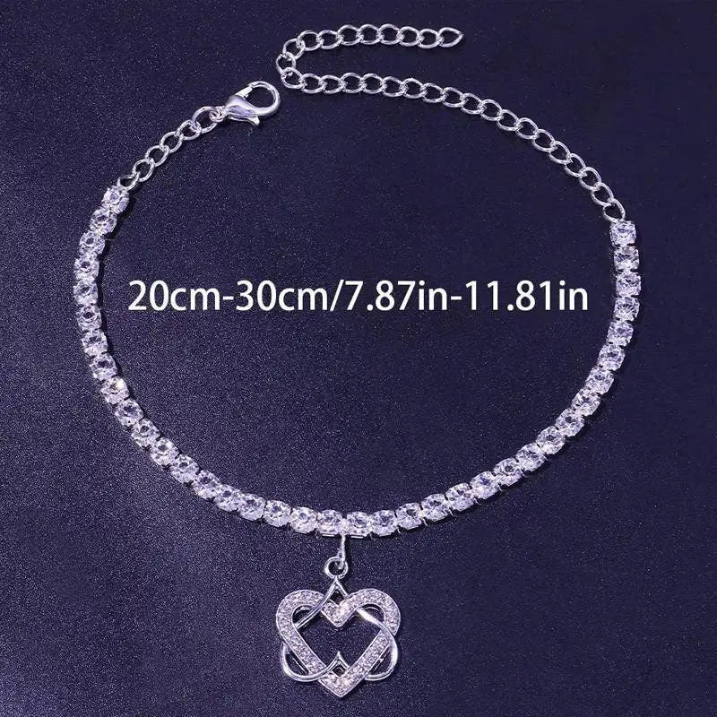 Double Heart Rhinestones Anklet Foot Jewelry for Women Beach Barefoot Chain Bracelet On the Leg Accessories Gift - JettsJewelers
