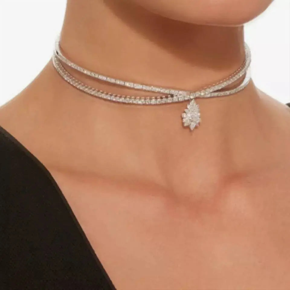 Double Layered Zircon Drop Choker Gold and Silver Choker Necklace Collar JettsJewelers