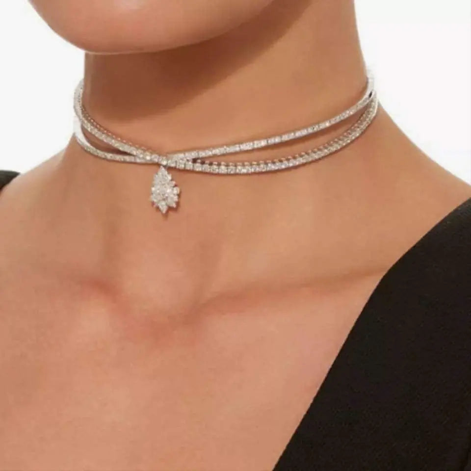Double Layered Zircon Drop Choker Gold and Silver Choker Necklace Collar JettsJewelers