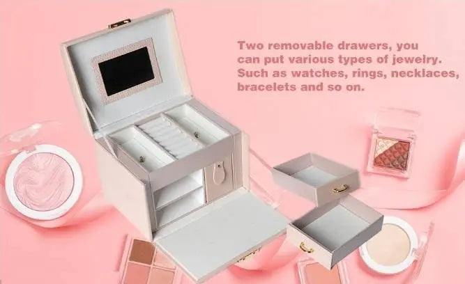 Dream Butterfly Jewelry Boxes for Woman, 3 Layer PU Leather Jewelry Organizer Box with Mirror and Lock. Medium Sized Portable Travel JettsJewelers