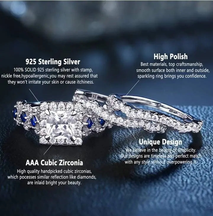 Engagement Wedding Ring Set 925 Sterling Silver 3pcs 2.5ct Princess White Cz Blue Size 4-13 - JettsJewelers