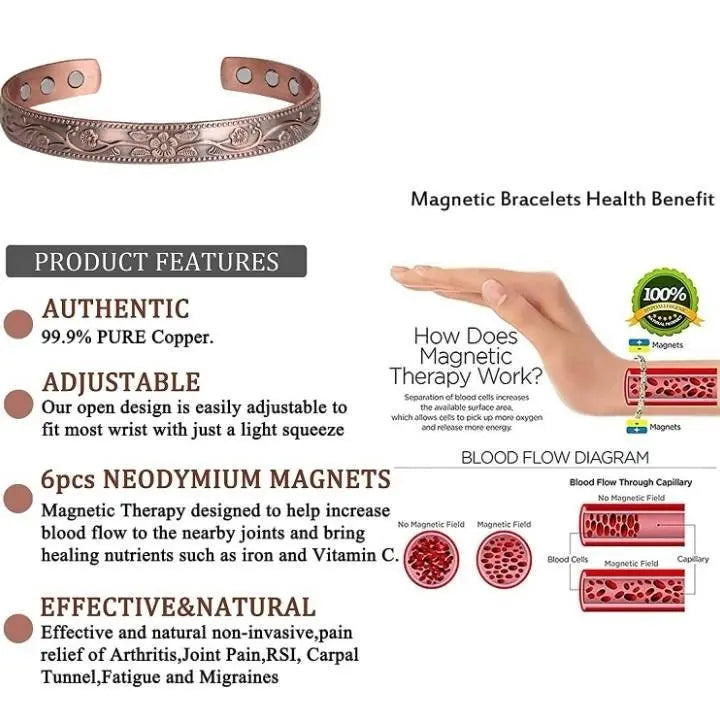 Floral Magnetic Copper Bracelet for Women Arthritis 6.8 inches Adjustable to Fit Most Wrist Reduce Inflammation JettsJewelers