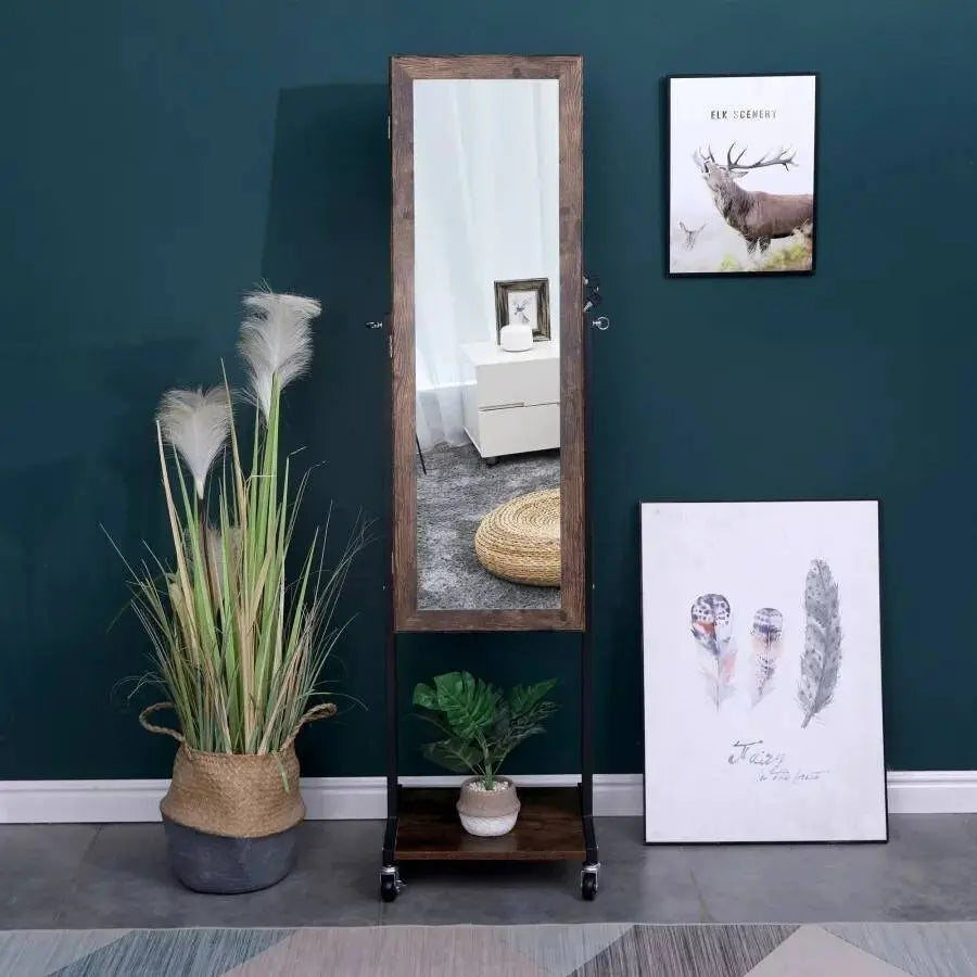 Free Standing Wooden Jewelry Storage Mirror Cabinet with Wheels Rolling Full Length Dressing Mirror with Built-in Jewelry Chest Lockable - JettsJewelers