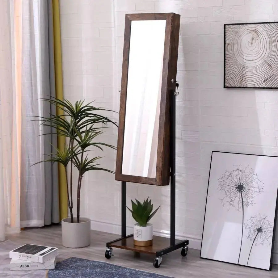 Free Standing Wooden Jewelry Storage Mirror Cabinet with Wheels Rolling Full Length Dressing Mirror with Built-in Jewelry Chest Lockable JettsJewelers