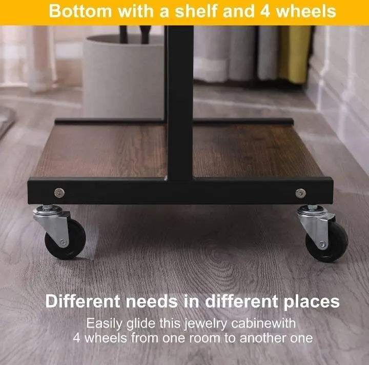 Free Standing Wooden Jewelry Storage Mirror Cabinet with Wheels Rolling Full Length Dressing Mirror with Built-in Jewelry Chest Lockable JettsJewelers