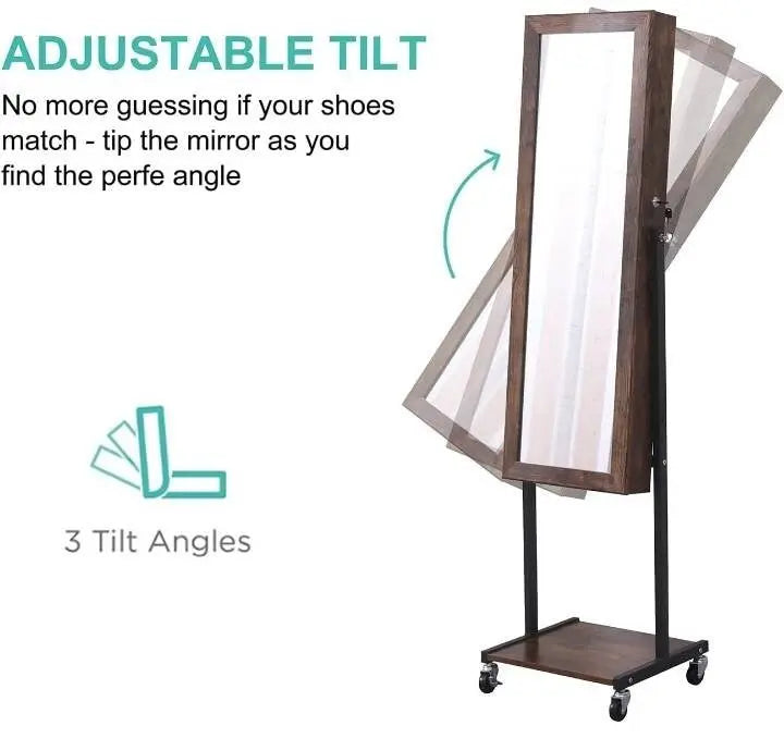 Free Standing Wooden Jewelry Storage Mirror Cabinet with Wheels Rolling Full Length Dressing Mirror with Built-in Jewelry Chest Lockable JettsJewelers