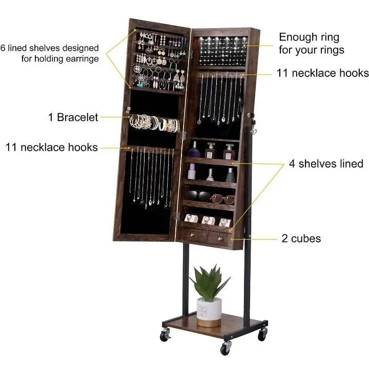 Free Standing Wooden Jewelry Storage Mirror Cabinet with Wheels Rolling Full Length Dressing Mirror with Built-in Jewelry Chest Lockable JettsJewelers